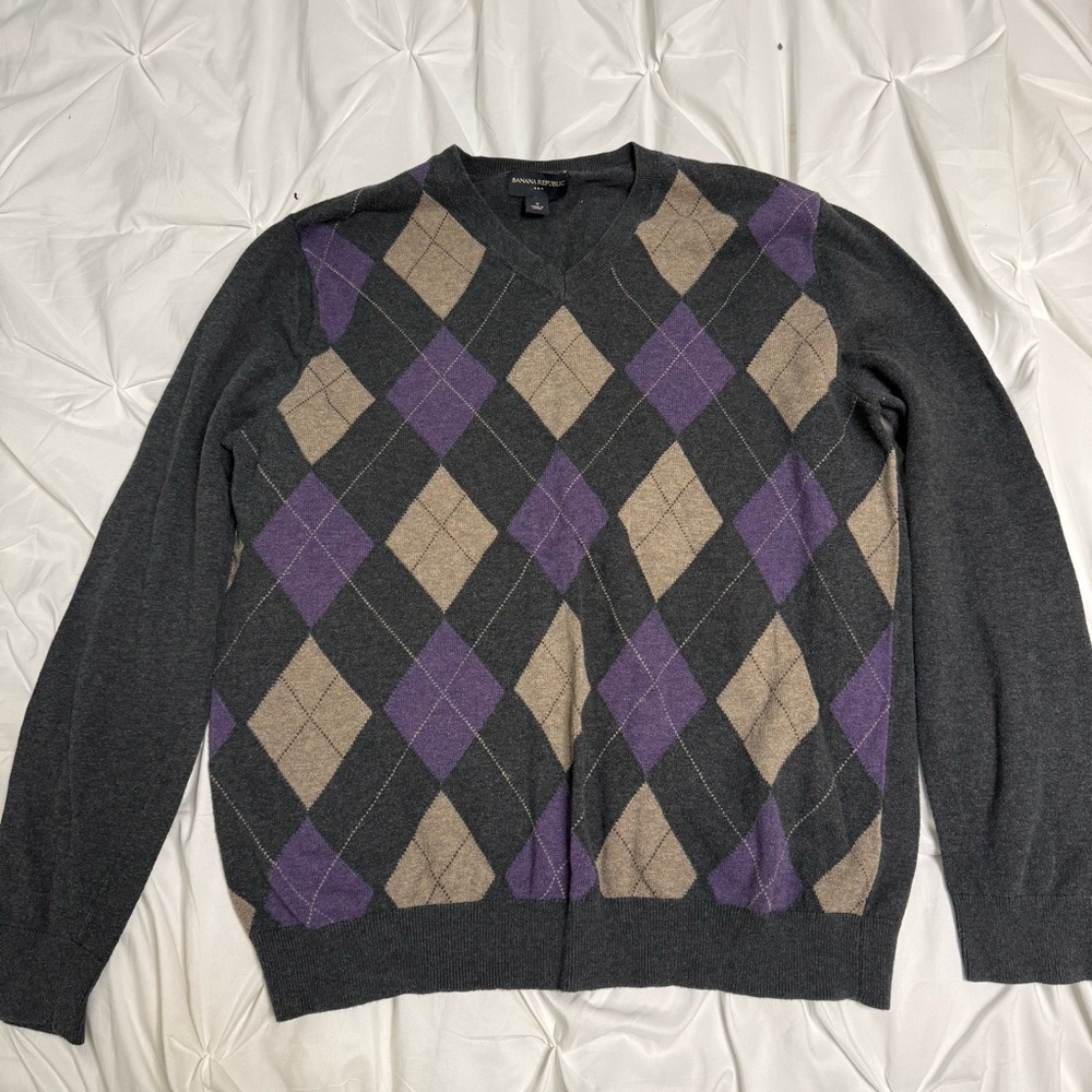 Banana Republic Men's Argyle Crewneck Sweater - Gray, Purple, Tan